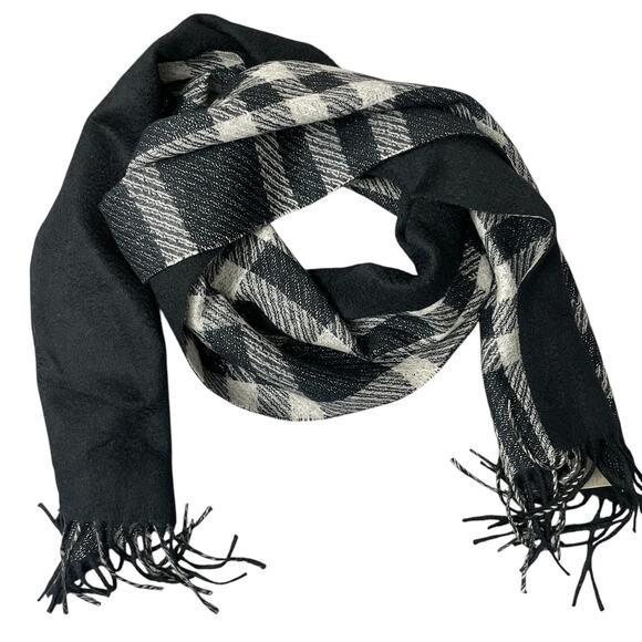 Burberry Cashmere Scarf Black White Metallic Thread Fringe Novacheck Plaid - Picture 1 of 8